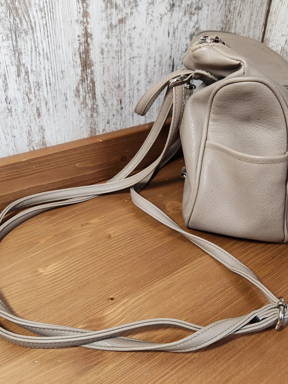Neutral Beige Stone Crossbody Bag Silver Hardware Converts To Backpack Pockets